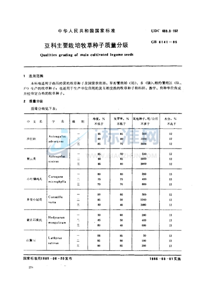 豆科主要栽培牧草种子质量分级