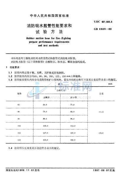 消防吸水胶管性能要求和试验方法