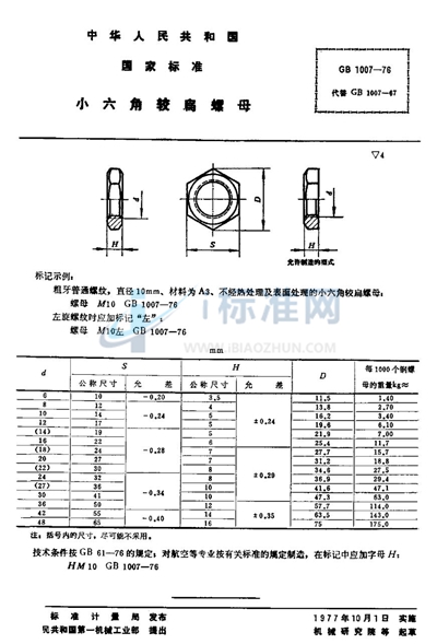 小六角较扁螺母