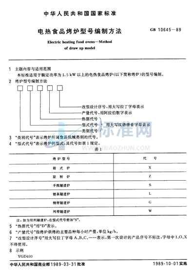 电热食品烤炉型号编制方法