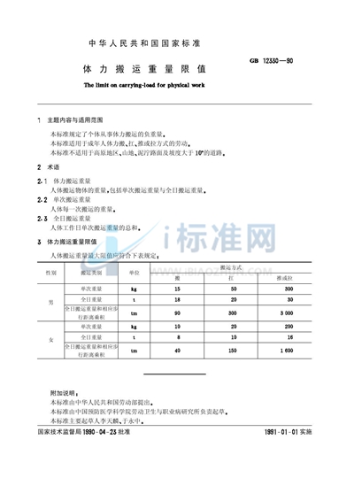 体力搬运重量限值