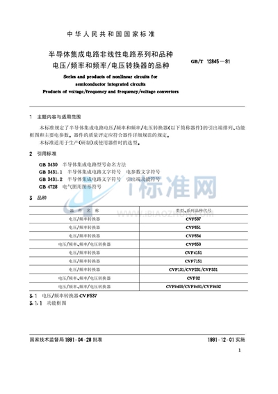 半导体集成电路非线性电路系列和品种  电压/ 频率和频率/ 电压转换器的品种