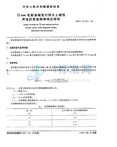 70mm电影涂磁发行拷贝上磁性声迹的录音频率响应特性