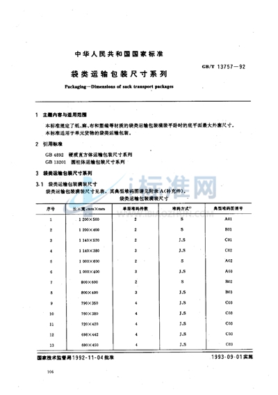 袋类运输包装尺寸系列