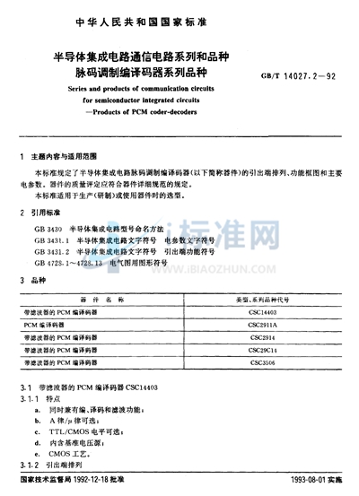 半导体集成电路通信电路系列和品种  脉码调制编译码器系列品种