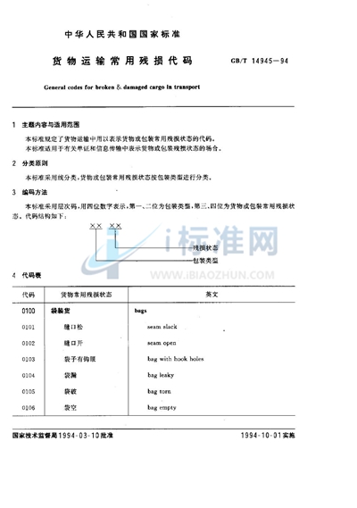 货物运输常用残损代码