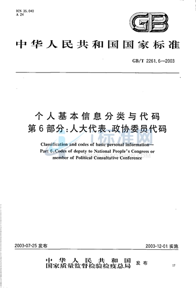 个人基本信息分类与代码  第6部分: 人大代表、政协委员代码