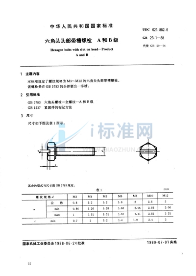 六角头头部带槽螺栓  A和B级