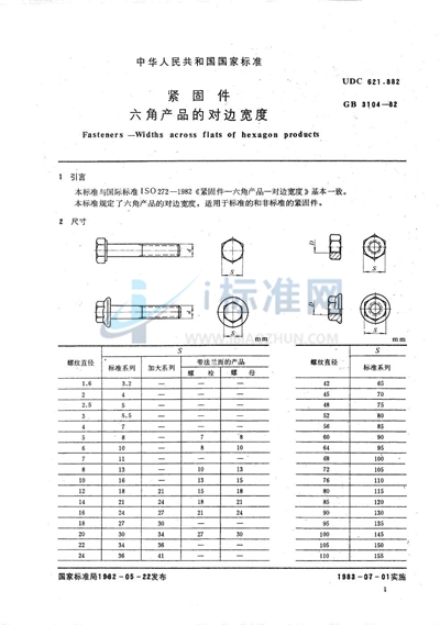 紧固件  六角产品的对边宽度