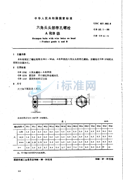 六角头头部带孔螺栓  A和B级