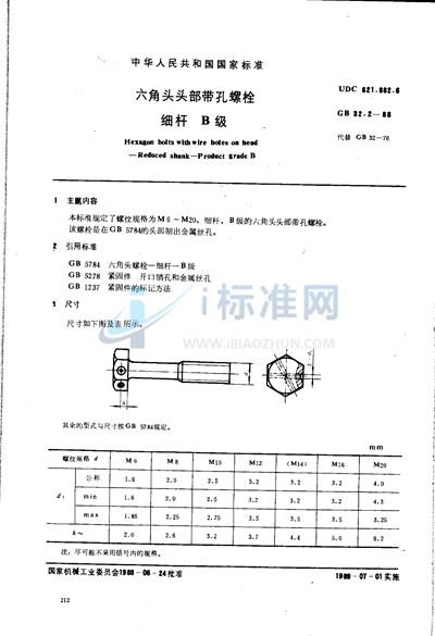 六角头头部带孔螺栓  细杆  B级