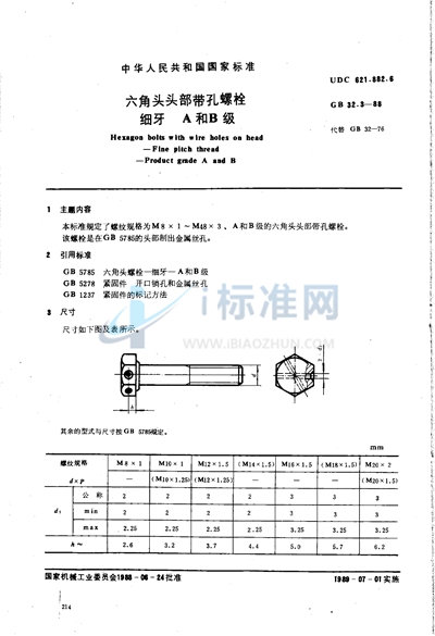 六角头头部带孔螺栓  细牙  A和B级