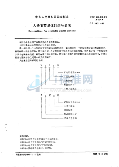 人造石英晶体的型号命名