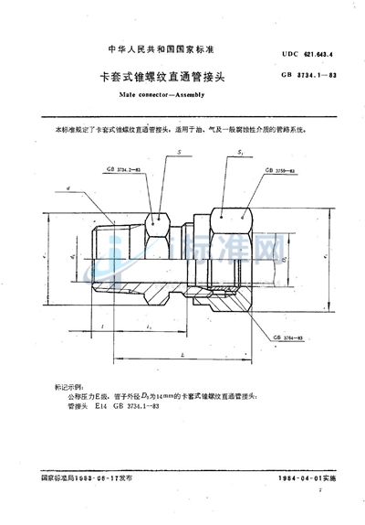 卡套式锥螺纹直通管接头