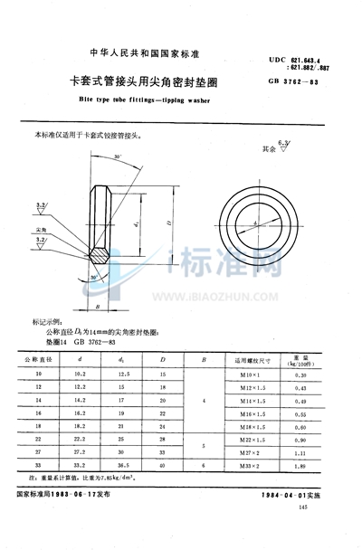 卡套式管接头用尖角密封垫圈