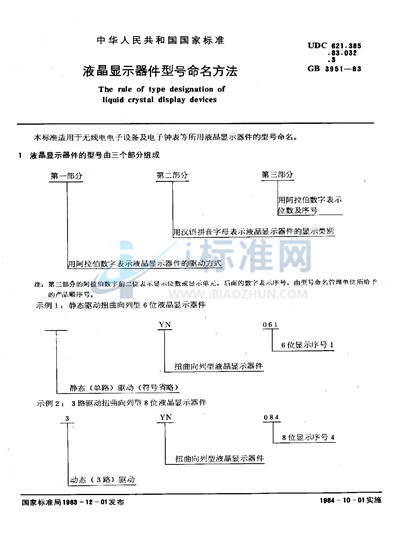 液晶显示器件型号命名方法