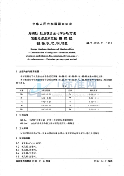 海绵钛、钛及钛合金化学分析方法  发射光谱法测定锰、铬、镍、铝、钼、锡、钒、钇、铜、锆量