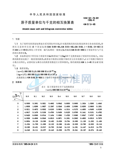 原子质量单位与千克的相互换算表