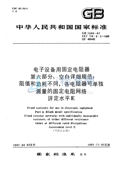 电子设备用固定电阻器  第六部分:空白详细规范  阻值和功耗不同， 各电阻器可单独测量的固定电阻网络  评定水平 E （可供认证用）