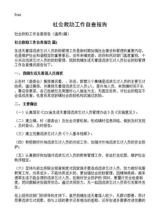 社会救助工作自查报告