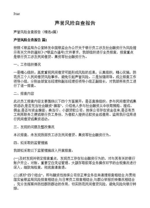 声誉风险自查报告