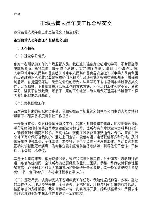 市场监管人员年度工作总结范文