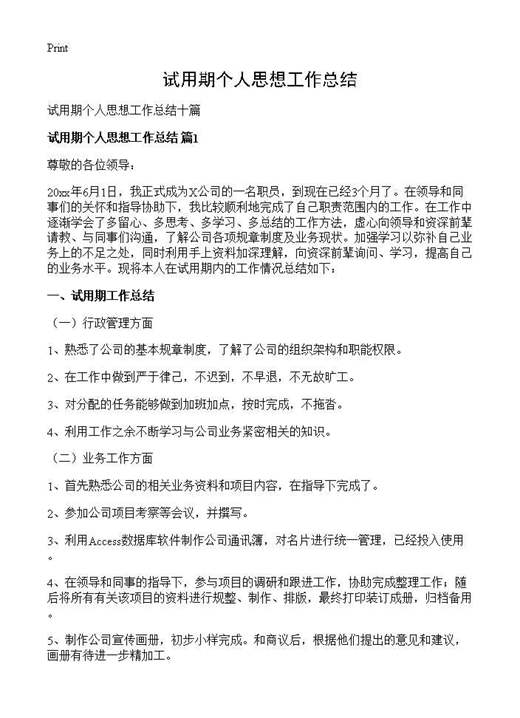 试用期个人思想工作总结