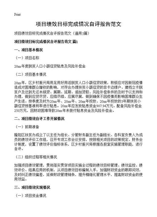 项目绩效目标完成情况自评报告范文