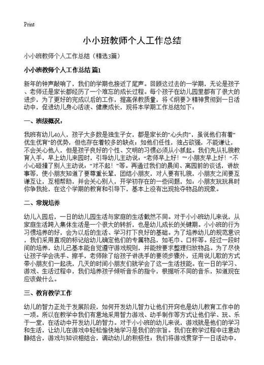 小小班教师个人工作总结