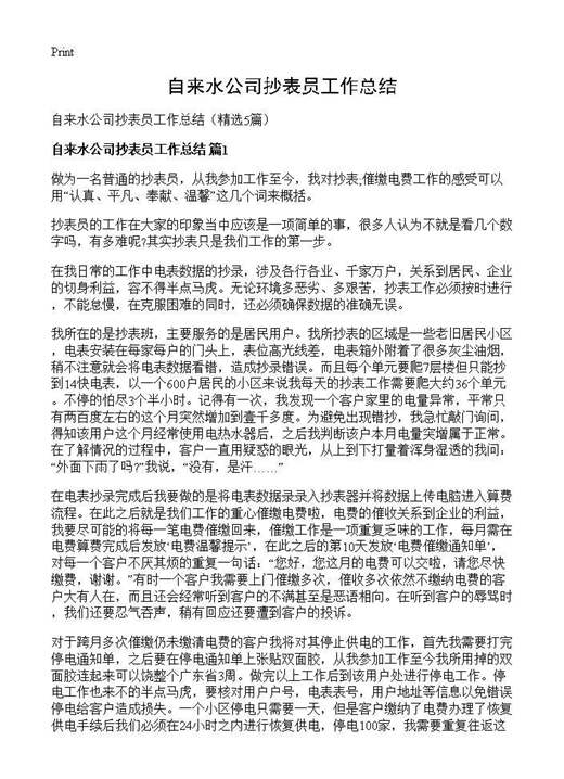 自来水公司抄表员工作总结