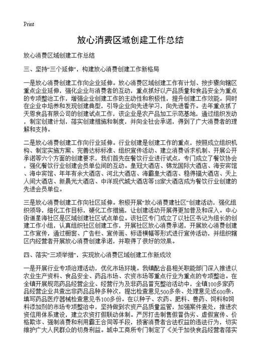 放心消费区域创建工作总结