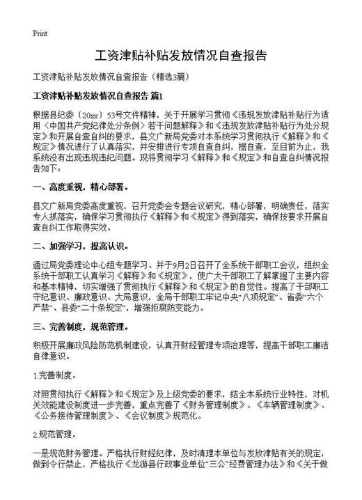工资津贴补贴发放情况自查报告