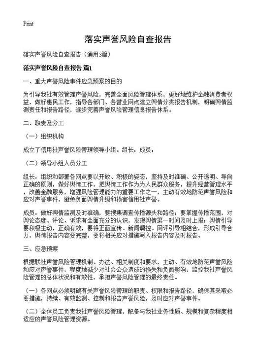 落实声誉风险自查报告