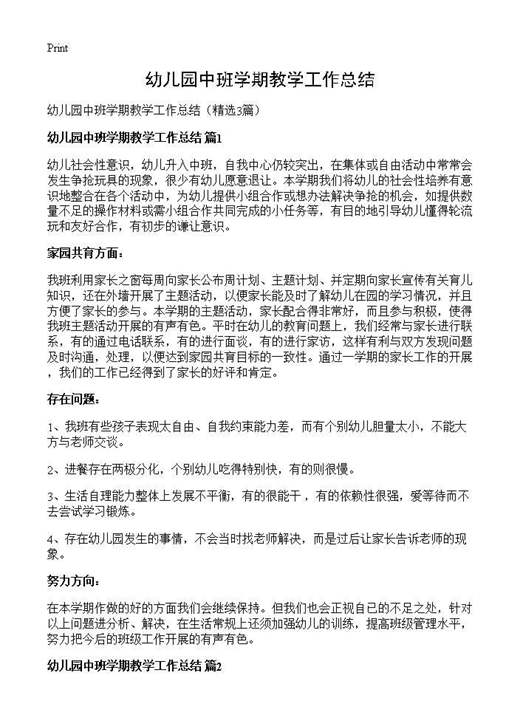 幼儿园中班学期教学工作总结