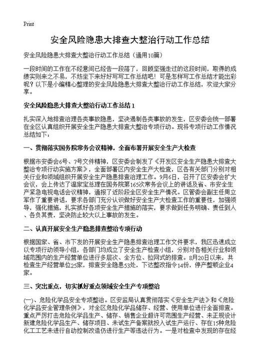 安全风险隐患大排查大整治行动工作总结