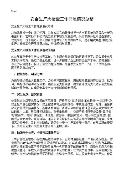 安全生产大检查工作开展情况总结