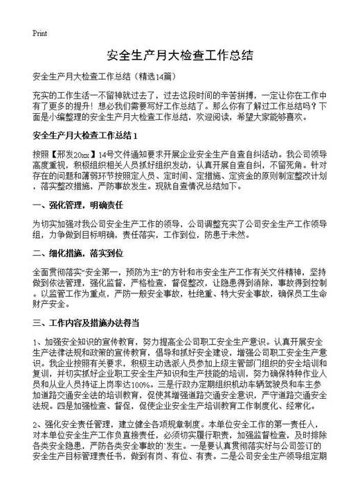安全生产月大检查工作总结