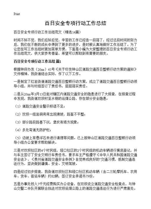 百日安全专项行动工作总结