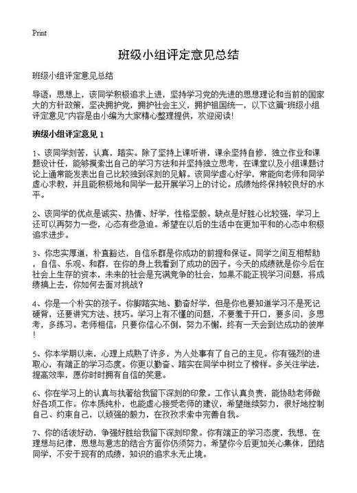 班级小组评定意见总结