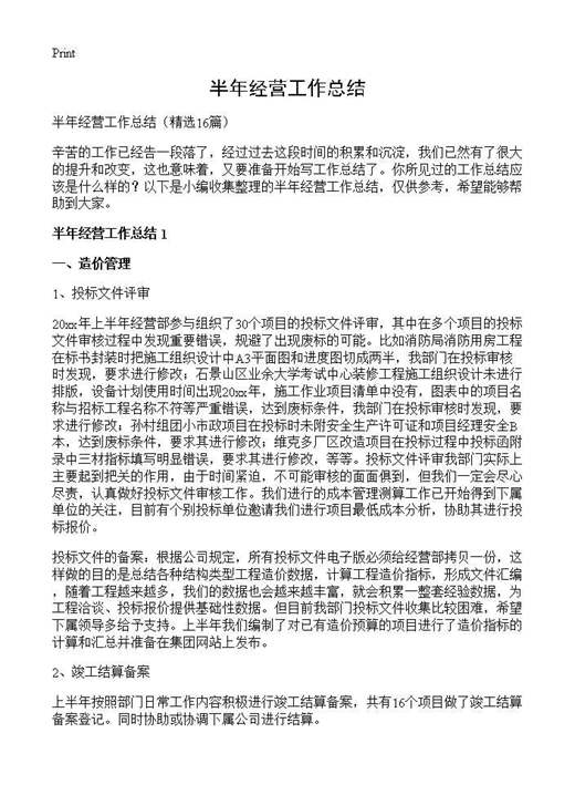 半年经营工作总结