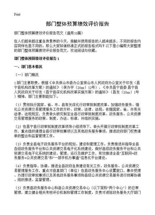 部门整体预算绩效评价报告