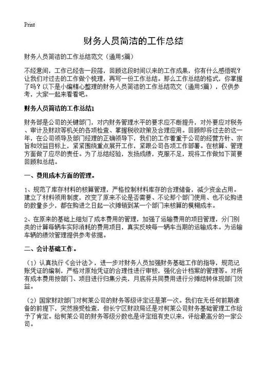 财务人员简洁的工作总结