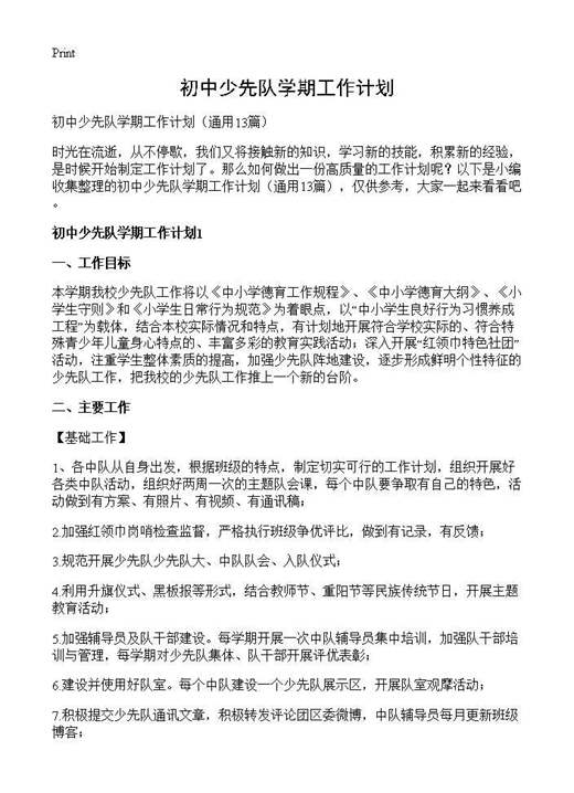 初中少先队学期工作计划