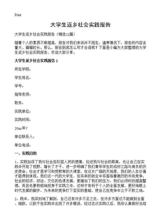 大学生返乡社会实践报告