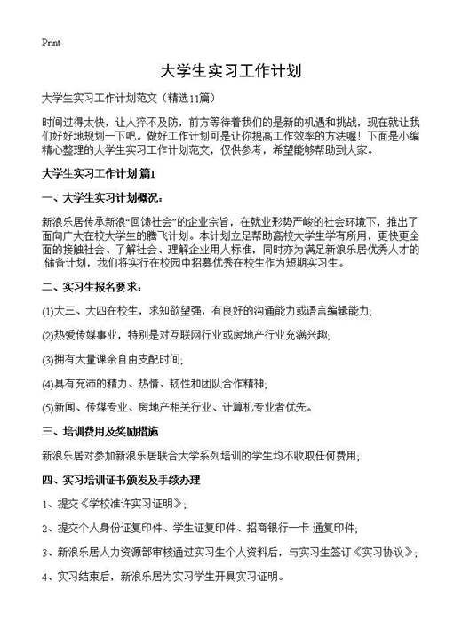 大学生实习工作计划