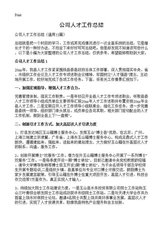 公司人才工作总结