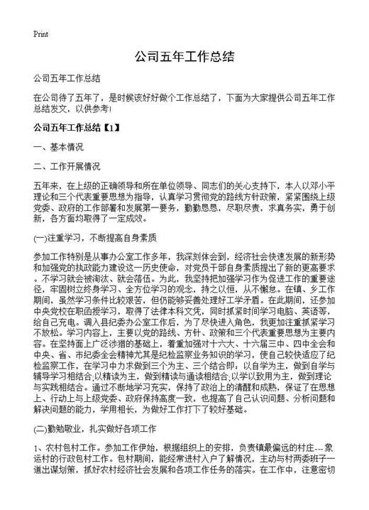 公司五年工作总结