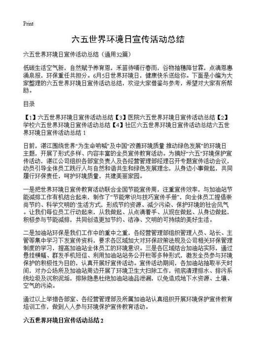 六五世界环境日宣传活动总结