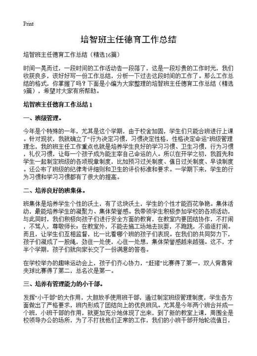 培智班主任德育工作总结