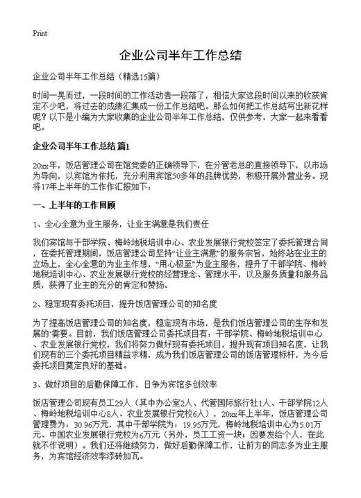 企业公司半年工作总结